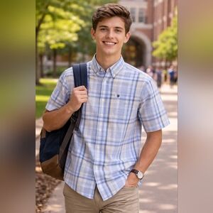 CHAPS Short-Sleeve Blue Plaid Button-Down Shirt